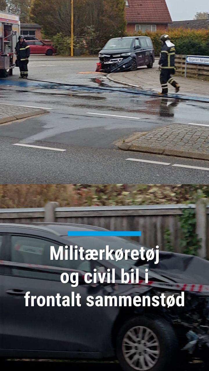 Militærkøretøj  og civil bil i  frontalt sammenstød